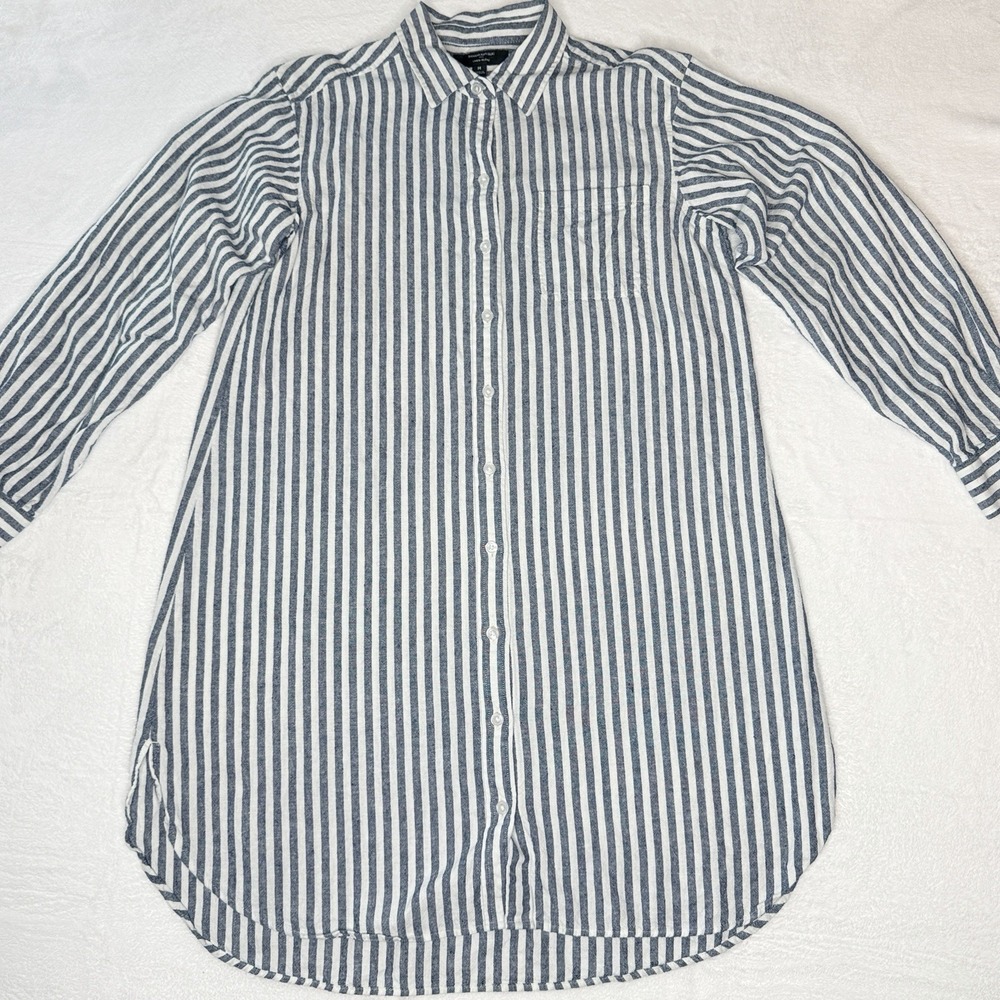 Banana Republic Linen Blend Shirt Dress Blue White Stripe Collared M Coastal